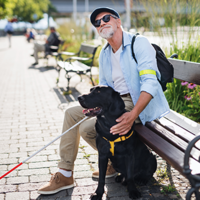 Ein Mann sitzt auf einer Parkbank aus Holz am Gehwegrand. Der Mann hat eine Sonnenbrille auf und hält einen Blindenstock in der Hand. Vor ihm sitzt ein schwarzer Hund. Der Mann guckt nach oben.