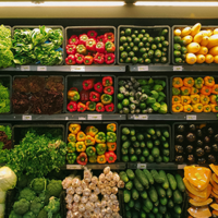 Das Bild zeigt eine gut sortierte Gemüseabteilung in einem Supermarkt. Verschiedene Arten von frischem Gemüse sind in Regalen ordentlich angeordnet. Oben links befinden sich grüne Salatköpfe und daneben verschiedene Kräuter. In der Mitte des Bildes sind rote, grüne und gelbe Paprikaschoten zu sehen, die in separaten Fächern liegen. Rechts davon sind Zucchini und gelbe Kürbisse platziert. Unten links sind Kohlköpfe gestapelt, während in der Mitte Gurken und rechts Auberginen zu sehen sind. Die Farben des Gemüses verleihen dem Bild ein lebendiges und frisches Aussehen.