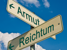 Das Bild zeigt zwei Straßenschilder, die in entgegengesetzte Richtungen zeigen. Auf dem Schild, das nach links weist, steht das Wort "Armut" und auf dem Schild, das nach rechts weist, steht das Wort "Reichtum". Der Himmel im Hintergrund ist blau mit einigen weißen Wolken.