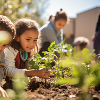 Auf dem Bild sind mehrere Kinder zu sehen, die in einem Garten arbeiten. Zwei Kinder im Vordergrund pflanzen junge Setzlinge in die Erde. Im Hintergrund sind weitere Personen zu erkennen, die ebenfalls im Garten beschäftigt sind. 