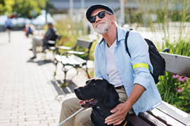 Ein Mann sitzt auf einer Parkbank aus Holz am Gehwegrand. Der Mann hat eine Sonnenbrille auf und hält einen Blindenstock in der Hand. Vor ihm sitzt ein schwarzer Hund. Der Mann guckt nach oben.