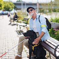 Ein Mann sitzt auf einer Parkbank aus Holz am Gehwegrand. Der Mann hat eine Sonnenbrille auf und hält einen Blindenstock in der Hand. Vor ihm sitzt ein schwarzer Hund. Der Mann guckt nach oben.