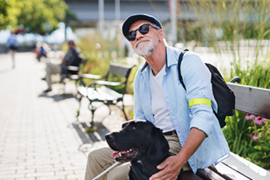 Ein Mann sitzt auf einer Parkbank aus Holz am Gehwegrand. Der Mann hat eine Sonnenbrille auf und hält einen Blindenstock in der Hand. Vor ihm sitzt ein schwarzer Hund. Der Mann guckt nach oben.