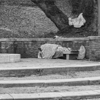 Schwarz-Weiß: Das Bild zeigt eine Szene in einem Park, in der eine Person auf einer Bank unter einer Decke schläft. Die Bank befindet sich vor einer niedrigen Backsteinmauer, hinter der ein großer Baum steht. Auf der Mauer liegt eine weitere Decke oder ein Tuch. Es gibt einige Stufen, die zu der Bank führen. Im Hintergrund sind kahle Bäume und Laub zu sehen, was auf die Herbst- oder Winterzeit hindeutet. 