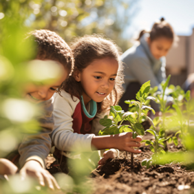 Auf dem Bild sind mehrere Kinder zu sehen, die in einem Garten arbeiten. Zwei Kinder im Vordergrund pflanzen junge Setzlinge in die Erde. Im Hintergrund sind weitere Personen zu erkennen, die ebenfalls im Garten beschäftigt sind.