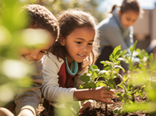 Auf dem Bild sind mehrere Kinder zu sehen, die in einem Garten arbeiten. Zwei Kinder im Vordergrund pflanzen junge Setzlinge in die Erde. Im Hintergrund sind weitere Personen zu erkennen, die ebenfalls im Garten beschäftigt sind.