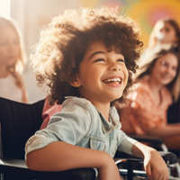 Ein Kind mit dunklem Haar und grauen Shirt sitzt in einem Rollstuhl und lacht herzlich. Im Hintergrund sind mehrere andere Kinder zu sehen, die ebenfalls lächeln. 