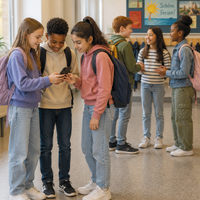 Mehrere Schüler:innen stehen in einem Schulflur zusammen. Drei Jugendliche betrachten gemeinsam ein Smartphone, während sich andere im Hintergrund unterhalten. Ein Junge steht abseits an der Wand und blickt nach unten. Im Flur hängen Jacken an Garderobenhaken sowie ein Plakat mit den Worten „Zusammenhalt“ und „Freundlichkeit“.