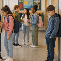 Mehrere Schüler:innen stehen in einem Schulflur zusammen. Drei Jugendliche betrachten gemeinsam ein Smartphone, während sich andere im Hintergrund unterhalten. Ein Junge steht abseits an der Wand und blickt nach unten. Im Flur hängen Jacken an Garderobenhaken sowie ein Plakat mit den Worten „Zusammenhalt“ und „Freundlichkeit“.