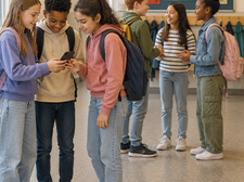 Mehrere Schüler:innen stehen in einem Schulflur zusammen. Drei Jugendliche betrachten gemeinsam ein Smartphone, während sich andere im Hintergrund unterhalten. Ein Junge steht abseits an der Wand und blickt nach unten. Im Flur hängen Jacken an Garderobenhaken sowie ein Plakat mit den Worten „Zusammenhalt“ und „Freundlichkeit“.