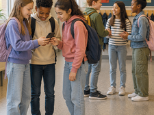 Mehrere Schüler:innen stehen in einem Schulflur zusammen. Drei Jugendliche betrachten gemeinsam ein Smartphone, während sich andere im Hintergrund unterhalten. Ein Junge steht abseits an der Wand und blickt nach unten. Im Flur hängen Jacken an Garderobenhaken sowie ein Plakat mit den Worten „Zusammenhalt“ und „Freundlichkeit“.