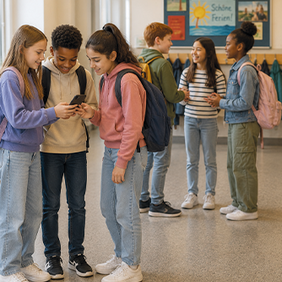 Mehrere Schüler:innen stehen in einem Schulflur zusammen. Drei Jugendliche betrachten gemeinsam ein Smartphone, während sich andere im Hintergrund unterhalten. Ein Junge steht abseits an der Wand und blickt nach unten. Im Flur hängen Jacken an Garderobenhaken sowie ein Plakat mit den Worten „Zusammenhalt“ und „Freundlichkeit“.