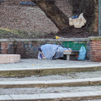 Das Bild zeigt eine Szene in einem Park, in der eine Person auf einer Bank unter einer Decke schläft. Die Bank befindet sich vor einer niedrigen Backsteinmauer, hinter der ein großer Baum steht. Auf der Mauer liegt eine weitere Decke oder ein Tuch. Es gibt einige Stufen, die zu der Bank führen. Im Hintergrund sind kahle Bäume und Laub zu sehen, was auf die Herbst- oder Winterzeit hindeutet. 