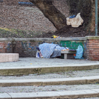 Das Bild zeigt eine Szene in einem Park, in der eine Person auf einer Bank unter einer Decke schläft. Die Bank befindet sich vor einer niedrigen Backsteinmauer, hinter der ein großer Baum steht. Auf der Mauer liegt eine weitere Decke oder ein Tuch. Es gibt einige Stufen, die zu der Bank führen. Im Hintergrund sind kahle Bäume und Laub zu sehen, was auf die Herbst- oder Winterzeit hindeutet. 