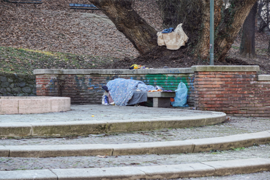 Das Bild zeigt eine Szene in einem Park, in der eine Person auf einer Bank unter einer Decke schläft. Die Bank befindet sich vor einer niedrigen Backsteinmauer, hinter der ein großer Baum steht. Auf der Mauer liegt eine weitere Decke oder ein Tuch. Es gibt einige Stufen, die zu der Bank führen. Im Hintergrund sind kahle Bäume und Laub zu sehen, was auf die Herbst- oder Winterzeit hindeutet. 