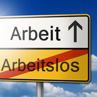 Das Bild zeigt ein Verkehrsschild vor einem blauen Himmel mit einigen Wolken. Das Schild ist in zwei Hälften unterteilt: Die obere Hälfte ist weiß und zeigt das Wort "Arbeit" mit einem Pfeil, der nach oben zeigt. Die untere Hälfte ist gelb und zeigt das durchgestrichene Wort "Arbeitslos". 