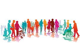 Das Bild zeigt eine bunte Silhouette einer vielfältigen Gruppe von Menschen. Die Figuren sind in verschiedenen Farben wie Rot, Blau, Grün und Orange dargestellt und repräsentieren unterschiedliche Altersgruppen und Lebenssituationen. Einige Personen gehen zu Fuß, andere schieben Kinderwagen oder benutzen Rollstühle. Der Hintergrund ist weiß.