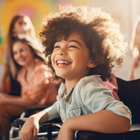 Ein Kind mit dunklem Haar und grauen Shirt sitzt in einem Rollstuhl und lacht herzlich. Im Hintergrund sind mehrere andere Kinder zu sehen, die ebenfalls lächeln. 