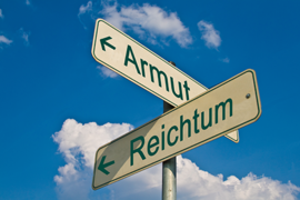 Das Bild zeigt zwei Straßenschilder, die in entgegengesetzte Richtungen zeigen. Auf dem Schild, das nach links weist, steht das Wort "Armut" und auf dem Schild, das nach rechts weist, steht das Wort "Reichtum". Der Himmel im Hintergrund ist blau mit einigen weißen Wolken.