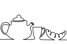 Eine minimalistische Zeichnung zeigt eine Reihe von Frühstücksgegenständen. Von links nach rechts sind eine Teekanne, eine Tasse, ein Croissant, ein Eierbecher mit einem Ei, eine Schüssel mit Müsli und ein Apfel zu sehen. Die Zeichnung ist in einem einfachen Linienstil gehalten.