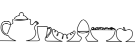 Eine minimalistische Zeichnung zeigt eine Reihe von Frühstücksgegenständen. Von links nach rechts sind eine Teekanne, eine Tasse, ein Croissant, ein Eierbecher mit einem Ei, eine Schüssel mit Müsli und ein Apfel zu sehen. Die Zeichnung ist in einem einfachen Linienstil gehalten.