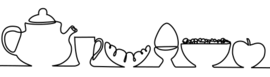 Eine minimalistische Zeichnung zeigt eine Reihe von Frühstücksgegenständen. Von links nach rechts sind eine Teekanne, eine Tasse, ein Croissant, ein Eierbecher mit einem Ei, eine Schüssel mit Müsli und ein Apfel zu sehen. Die Zeichnung ist in einem einfachen Linienstil gehalten.