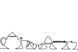 Eine minimalistische Zeichnung zeigt eine Reihe von Frühstücksgegenständen. Von links nach rechts sind eine Teekanne, eine Tasse, ein Croissant, ein Eierbecher mit einem Ei, eine Schüssel mit Müsli und ein Apfel zu sehen. Die Zeichnung ist in einem einfachen Linienstil gehalten.