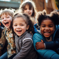 Auf dem Bild sind sechs fröhliche Kinder zu sehen, die eng beieinander stehen und in die Kamera lächeln. Sie befinden sich auf einem Spielplatz im Freien. Die Kinder tragen verschiedene farbenfrohe Kleidung. Im Hintergrund ist eine Holzkonstruktion zu erkennen. 