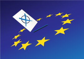 Auf einem dunkelblauem Hintergrund ist ein Kreis aus gelben Sternen. In der Mitte ist ein Schlitz durch den ein Zettel mit einem Kreuz drauf zur Abstimmung reingesteckt wird.