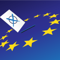 Auf einem dunkelblauem Hintergrund ist ein Kreis aus gelben Sternen. In der Mitte ist ein Schlitz durch den ein Zettel mit einem Kreuz drauf zur Abstimmung reingesteckt wird.
