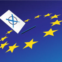 Auf einem dunkelblauem Hintergrund ist ein Kreis aus gelben Sternen. In der Mitte ist ein Schlitz durch den ein Zettel mit einem Kreuz drauf zur Abstimmung reingesteckt wird.