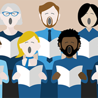 Das Bild zeigt eine Gruppe von neun stilisierten Personen, die in zwei Reihen stehen und singen. Jede Person hält ein aufgeschlagenes Notenblatt vor sich. Die Personen sind unterschiedlich gestaltet, mit verschiedenen Hauttönen, Haarfarben und Frisuren. Die Kleidung der Personen ist überwiegend in Blau- und Grautönen gehalten. Der Hintergrund ist beige. 