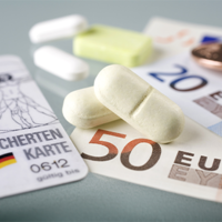 Auf dem Bild sind eine Krankenversicherungskarte, mehrere Euro-Banknoten und -Münzen sowie einige Tabletten zu sehen. Die Krankenversicherungskarte liegt links im Vordergrund, während die Banknoten und Münzen rechts daneben platziert sind. Die Tabletten befinden sich in der Mitte des Bildes.