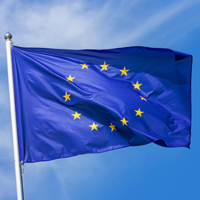 Auf dem Bild ist die Europa-Flagge zu sehen, die im Wind weht. Im Hintergrund ist blauer Himmel.