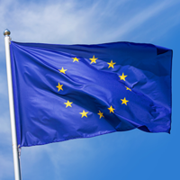 Auf dem Bild ist die Europa-Flagge zu sehen, die im Wind weht. Im Hintergrund ist blauer Himmel.