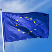 Auf dem Bild ist die Europa-Flagge zu sehen, die im Wind weht. Im Hintergrund ist blauer Himmel.