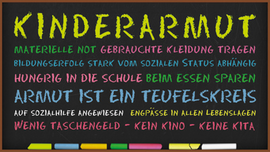 Das Bild zeigt eine Tafel mit dem groß geschriebenen Wort „KINDERARMUT“ in bunten Farben. Darunter stehen in verschiedenen Farben und Schriftarten Begriffe und Aussagen, die mit Kinderarmut verbunden sind. Dazu gehören: Materielle Not, Gebrauchte Kleidung tragen, Bildungserfolg stark vom sozialen Status abhängig, Hungrig in die Schule, Beim Essen sparen, Armut ist ein Teufelskreis, Auf Sozialhilfe angewiesen, Engpässe in allen Lebenslagen, Wenig Taschengeld – kein Kino – keine Kita. Am unteren Rand des Bildes liegen farbige Kreidestücke. Der Hintergrund ist eine schwarze Schultafel.